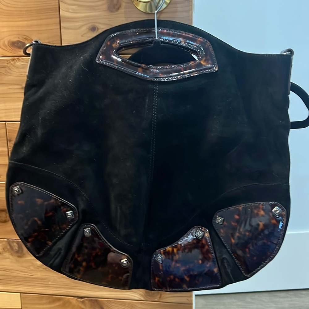 Stuart Weitzman black suede purse with tortoise patent leather accents
